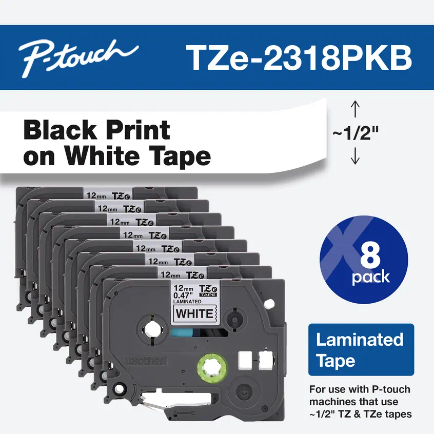 

Brother P-Touch Black Print on White Laminated Label Tape Label Maker, 12mm (0.47") wide x 8m (26.2’) long 8 pack