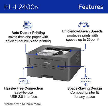 Brother HL-L2400DW - Imprimante - Noir et blanc - Recto-verso - laser -  A4/Legal - 1200 x 1200 ppp - jusqu'à 30 ppm - capacité : 250 feuilles - USB  2.0, Wi-Fi(n) - Imprimante monofonction - Achat & prix