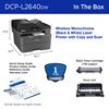 Brother DCP-L2640DW In the Box: Wireless Monochrome (Black & White) Laser Printer with Automatic Document Feeder for Copy and Scan (16.1" W x 15.7" D x 12.5" H, dark grey and black), 1-year limited warranty, black toner cartridge (700 pages, scroll down to learn more), drum unit, quick setup guide, product safety guide, reference guide, warranty card.
