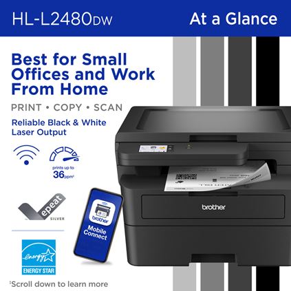 Brother HL-L2480DW Wireless Compact Monochrome Multi-function Laser Printer, Copy & Scan, Duplex, Refresh Subscription Ready