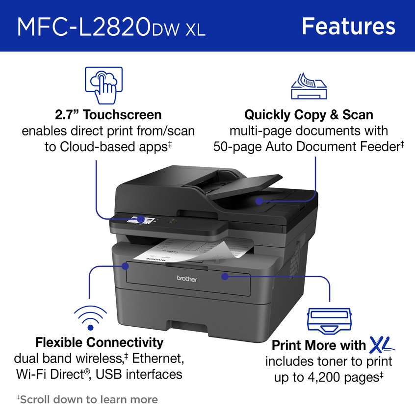 MFC-L2820DWXL | PrintersAIOs | PrintersAIOsFaxMachines | By Brother