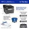 Brother MFC-L2820DW XL In the Box: Wireless Monochrome (Black & White) Laser All-in-One Printer with Automatic Document Feeder for Copy, Scan, and Fax (16.1" W x 15.7" D x 12.5" H, dark grey and black), 1-year limited warranty, Standard Yield TN830 Toner Cartridge (1,200 pages) and High Yield TN830XL Toner Cartridge (3,000 pages), scroll down to learn more), drum unit, quick setup guide, product safety guide, reference guide, warranty card, and telephone line cord. 