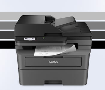 Brother ELLe black and white printer in front of a monochrome stripes.