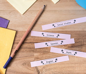 Labels on desk with envelopes