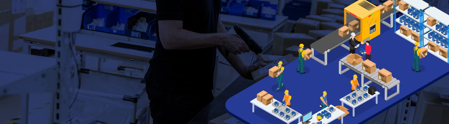 Warehouse blueprint overlayed on image of person using a Brother label printer to scan boxes on a conveyor.