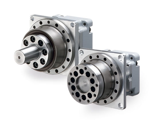 Pair of heavy-duty industrial gearheads shown from a front angle.