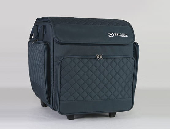 Optional black rolling luggage for transporting the serger