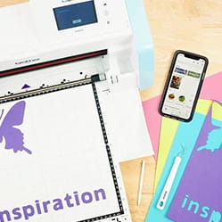 ScanNCut with a mat showing a butterfly and the word 'inspiration' cut out