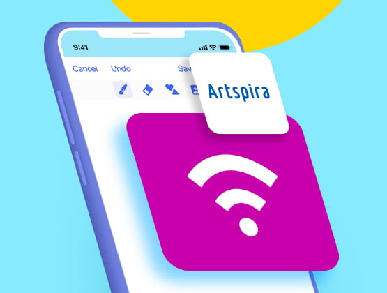 Artspira and wifi logos with sketched smart phone