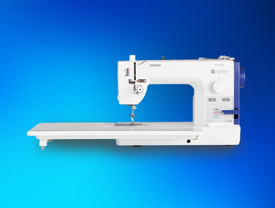 PQ1600S sewing and quilting machine silhouette on blue gradient background
