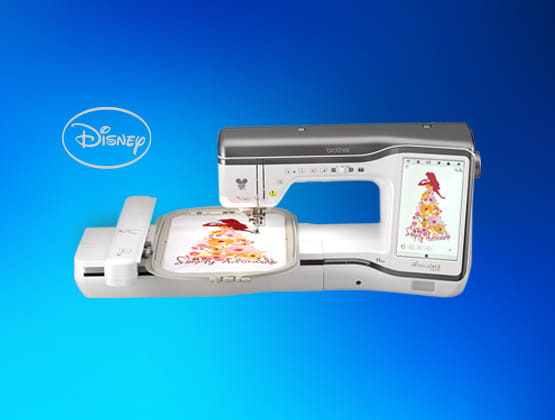 XJ2 embroidery machine silhouette creating a princess design on a blue gradient background