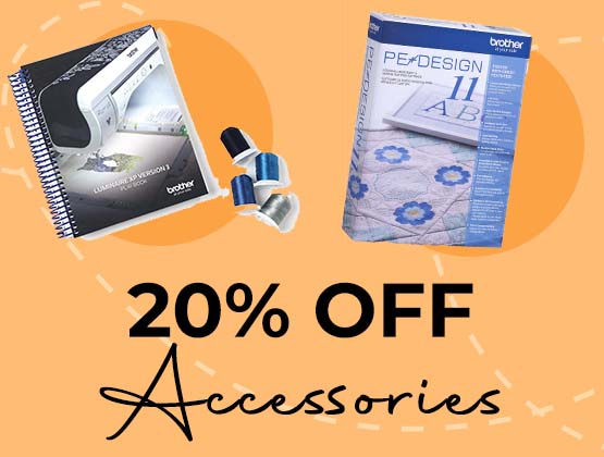 20% Off Accessories with supplies, threads and design software imagery on an orange background.