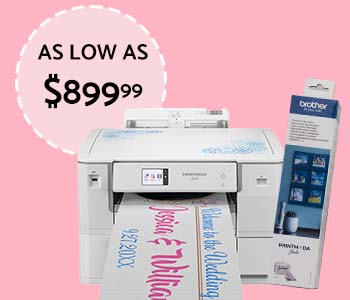 PrintModa Studio Fabric Printer and fabric roll with As Low as $899.99 call out on pink background.