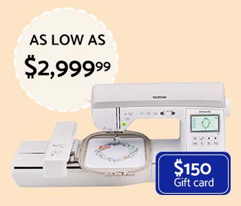 Innov-is NQ3550W combo sewing and embroidery machine with as low as $2,999.99 call out on a peach background.