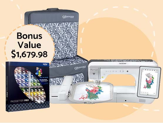 Luminaire 3 Innov-is XP3 embroidery machine with thread kit and luggage set on a peach background. 