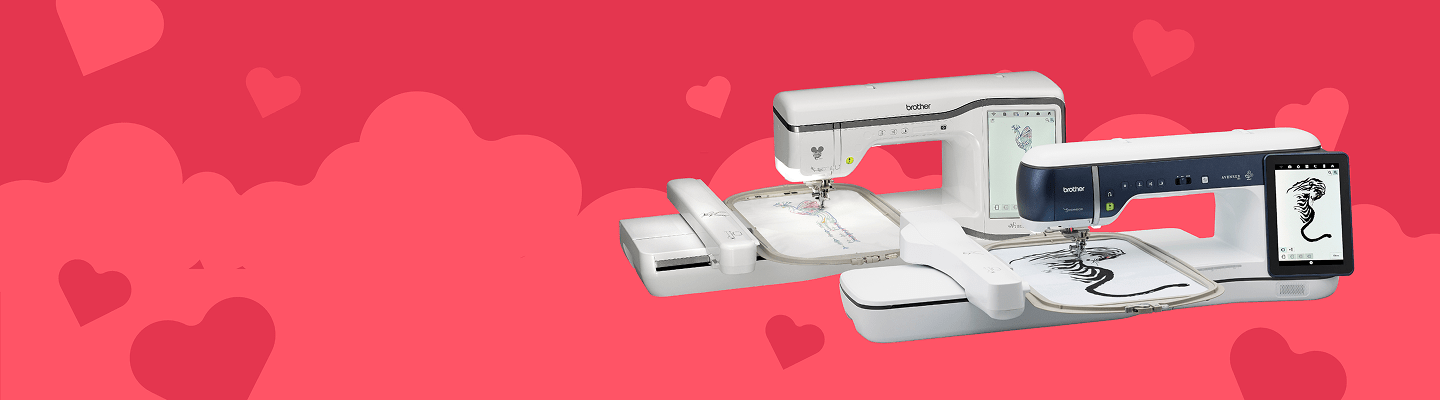 Aveneer XE1 and Stellaire XE2 embroidery machines on a heart background