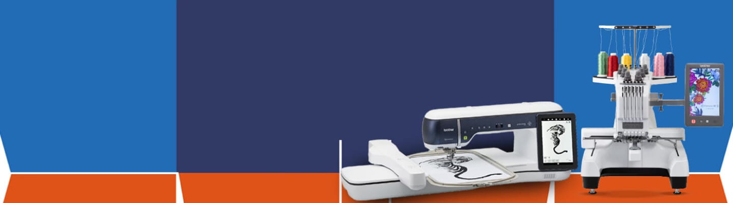 Brother embroidery machines on an orange and blue background.