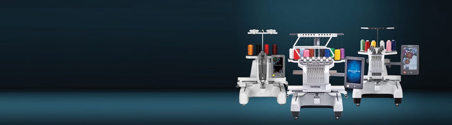 PR Series embroidery machines on a deep navy background. 