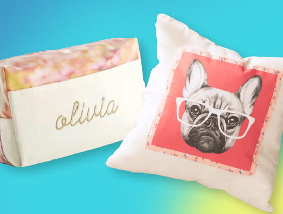 Pillow of pug wearing glasses and a personalized floral towel with the name Olivia