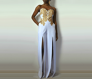 Model with white dress and gold decoration