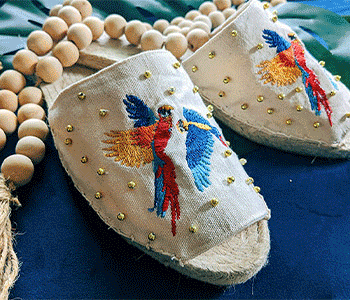 Cloth sandals embroidered with Macaw bird designs