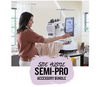 Woman using touchscreen on multi-needle machine with "Side Hustle Semi-Pro Accessory Bundle" callout