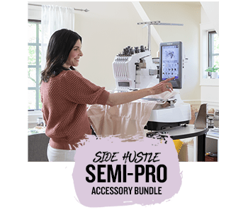 Woman using touchscreen on multi-needle machine with "Side Hustle Semi-Pro Accessory Bundle" callout