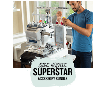 Man setting up the thread for a multi-needle machine and "Side Hustle Superstar Accessory Bundle" callout