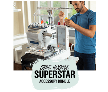 Man setting up the thread for a multi-needle machine and "Side Hustle Superstar Accessory Bundle" callout