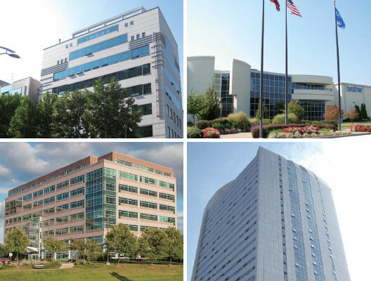 Four panel image of the exterior of office buildings