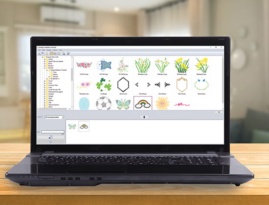 Design Database Transfer screen on laptop on desk in foreground