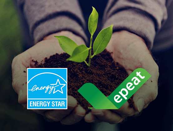 Energy star and epeat logo over image of  person holding dirt with plant sprouting