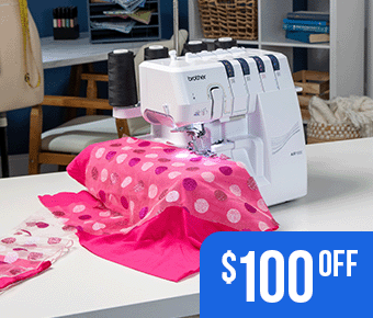 AIR1800 air serger with pink fabric feeded through in craft room with $100 off overlaid. 