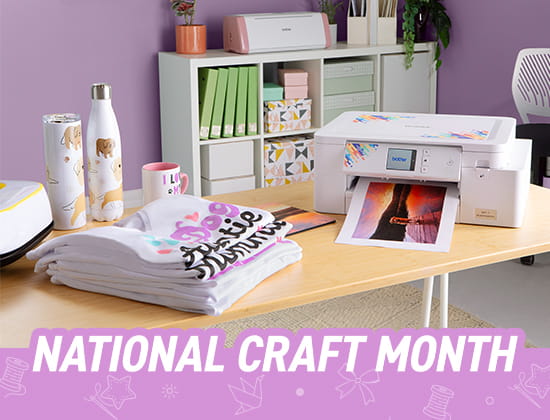 National Craft Month overlaid on an image of Sublimation printer next to shirts in a craft room