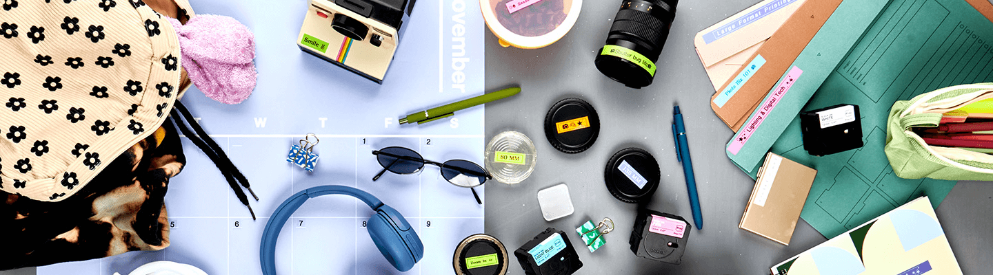 Various home objects with Ptouch labels o them