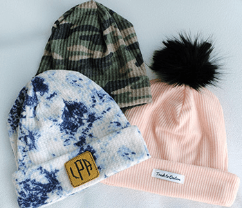 3 beanies - blue, pink and camouflage 