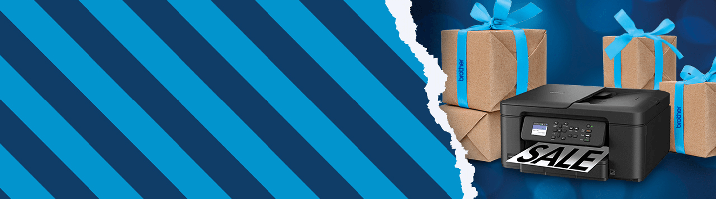 Blue striped background with rip to show printer with work SALE on paper in tray and giftboxes