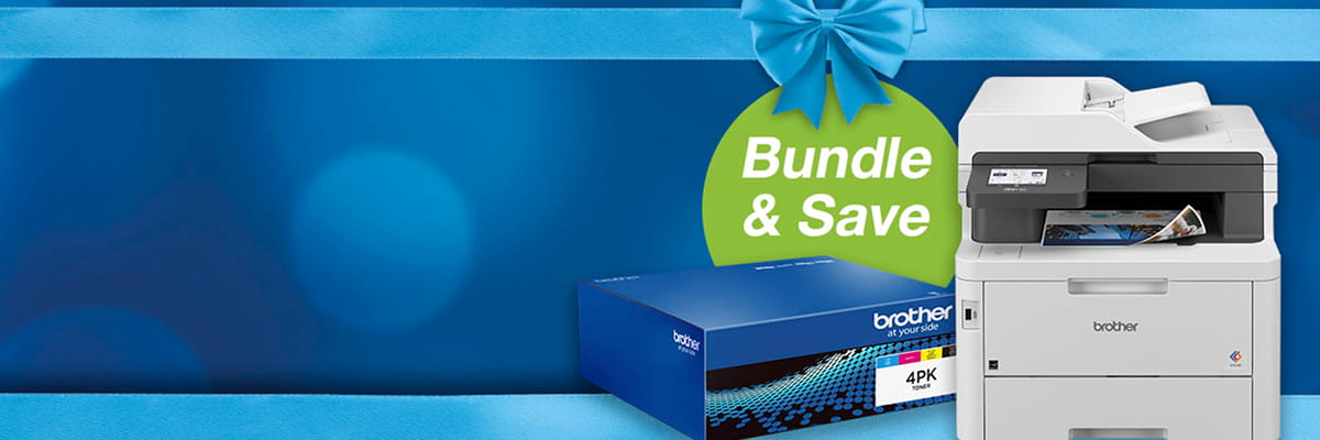 Brother Printer and Toner on blue background with bundle and save promo language