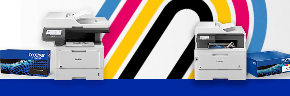 Brother Printers and ink and toner with CMYK stripe in background
