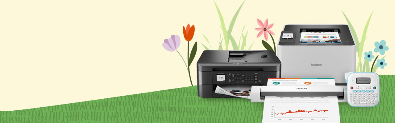 Brother Printers, scanners and P-touch label makers on a spring theme background. 