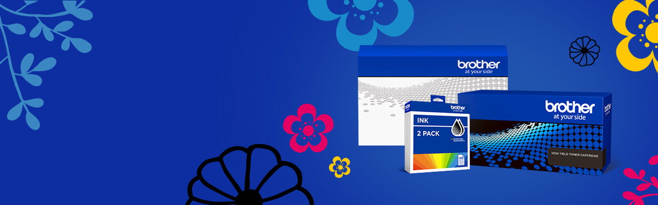 Brother ink and toner boxes on blue background with CMYK flowers. 