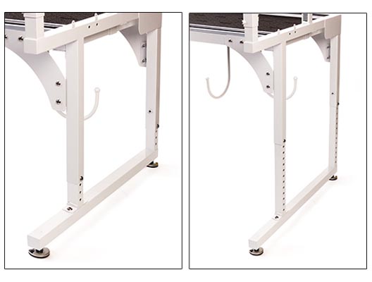 Image of adjustable legs on THE Dream Fabric Frame that allow quilting at table height, standing height or anywhere between
