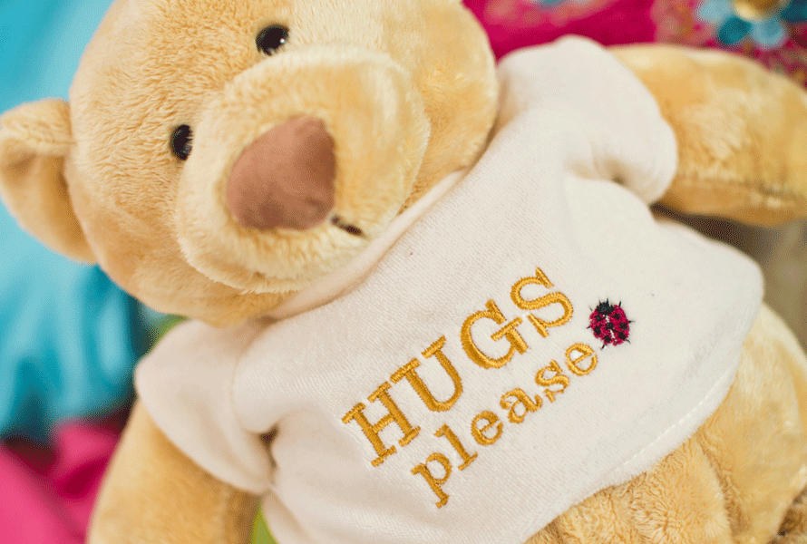 Teddy bear with "Hugs Please" embroidered shirt