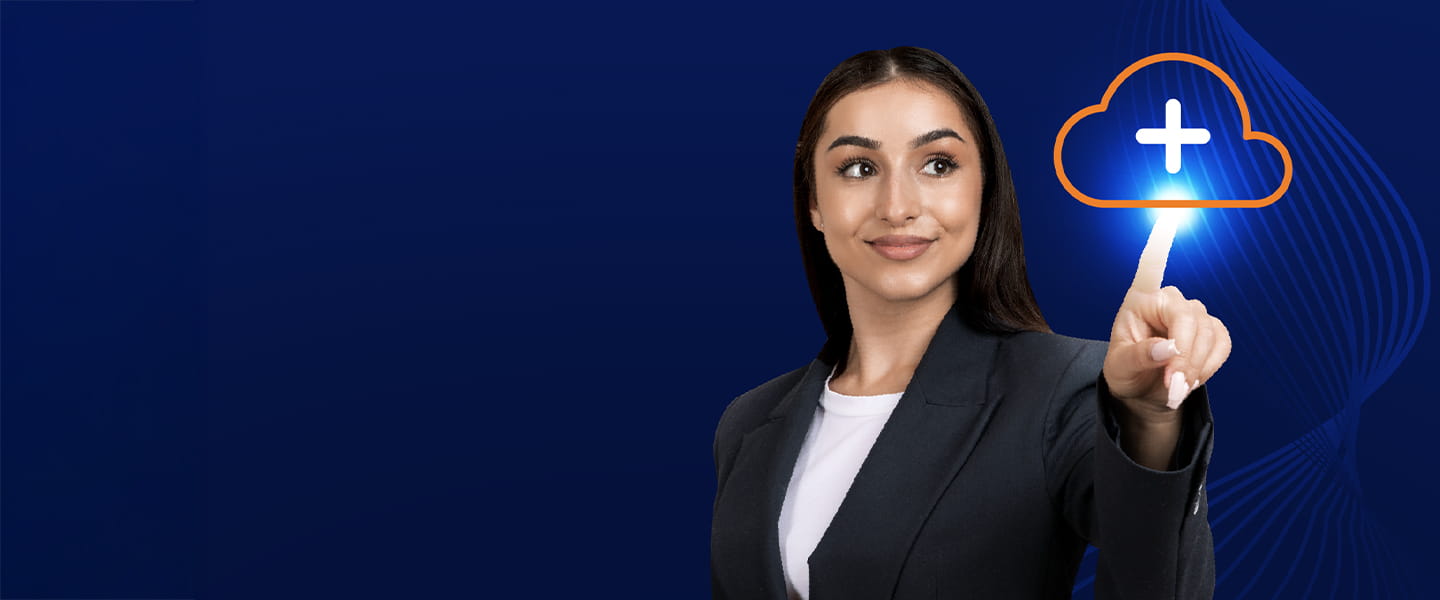 Woman touching a cloud icon with a + symbol.