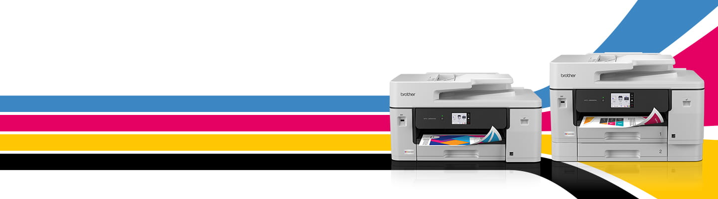 Brother Inkjet printers with cyan, magenta, yellow and black stripe background.