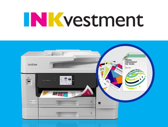 Brother INKvestment printer with duplex printing on cyan background