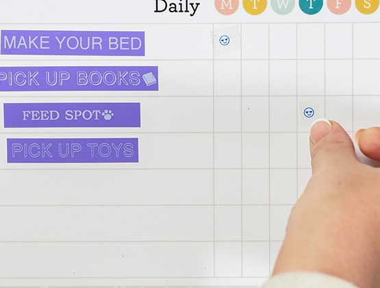 Purple Btag label tapes on chore chart. 