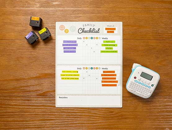 Completed chore chart made with Ptouch Btage label mater. 
