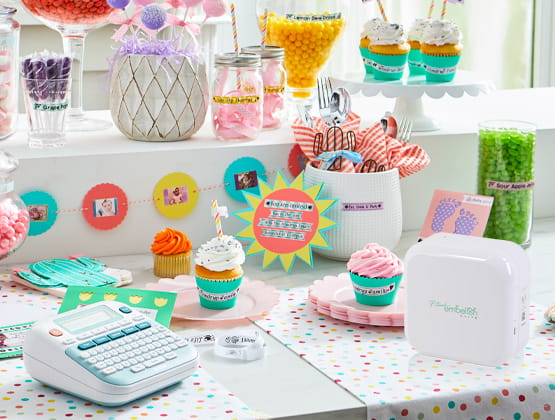 P-touch Embellish label makers in craft space with various P-touch crafts