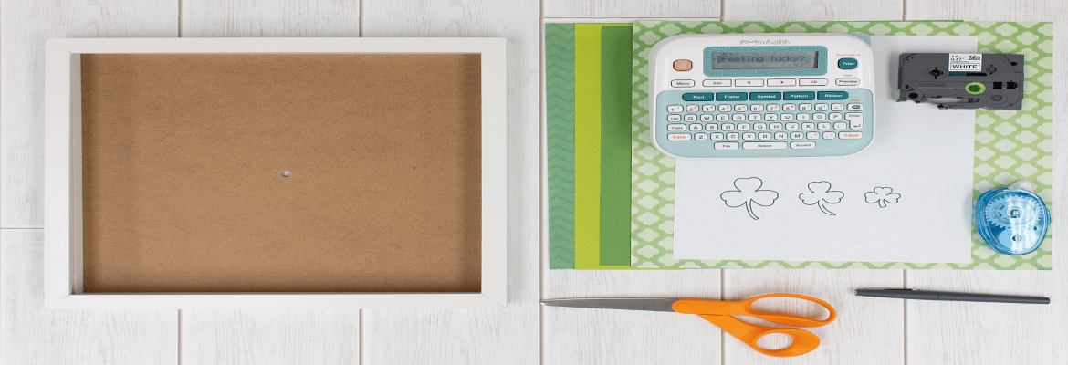 P-touch Embellish Shamrock Shadowbox project suppies